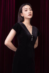 Velvet midi dress with V-neckline and pearl button detail for elegant evening wear